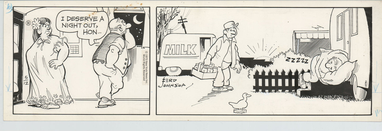 Moon Mullins Original Ink Daily Comic Strip Art signed Ferd Johnson 1973 B3079