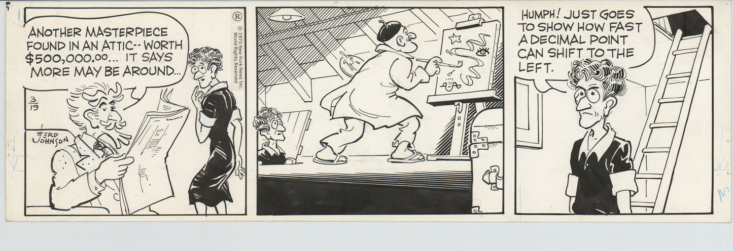 Moon Mullins Original Ink Daily Comic Strip Art signed Ferd Johnson 1973 B3092