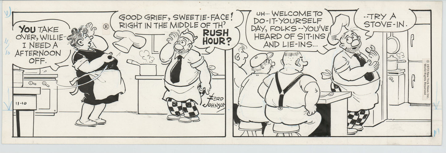 Moon Mullins Original Ink Daily Comic Strip Art signed Ferd Johnson 1973 B3028