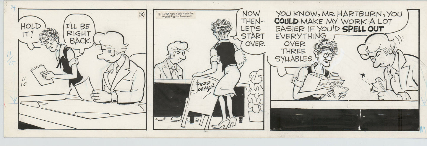 Moon Mullins Original Ink Daily Comic Strip Art signed Ferd Johnson 1973 B3045