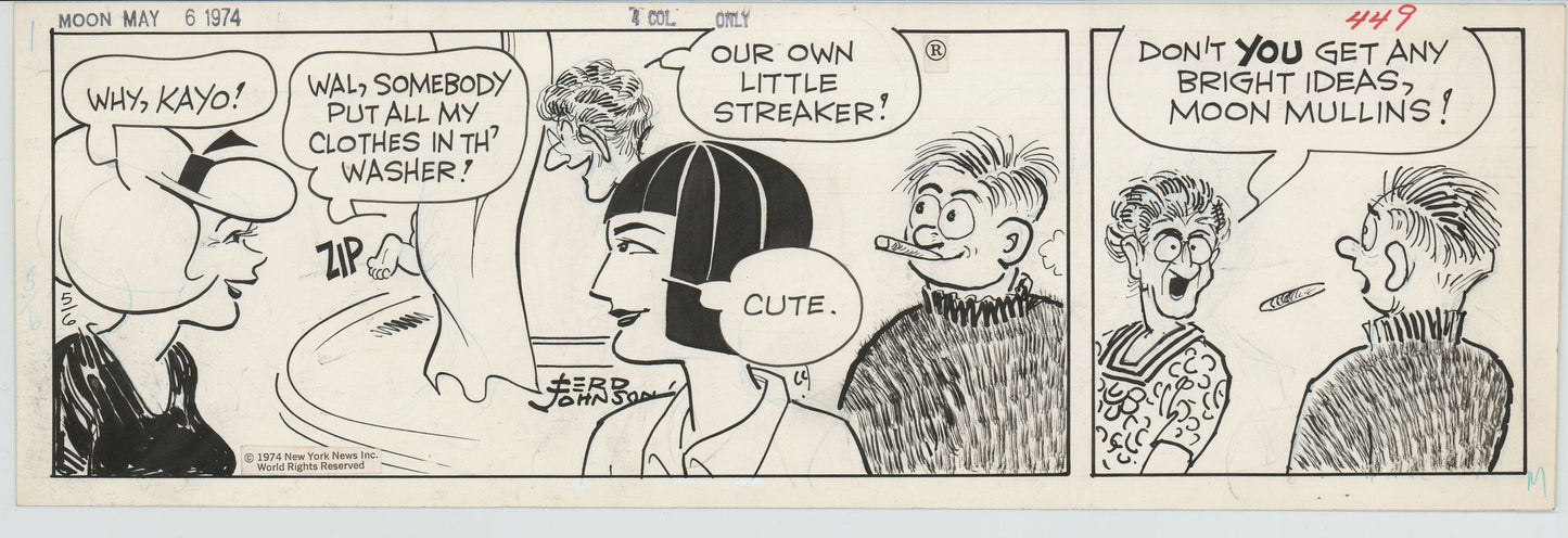 Moon Mullins Original Ink Daily Comic Strip Art signed Ferd Johnson 1974 B3068