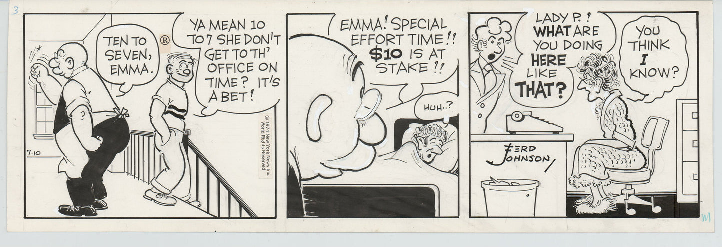 Moon Mullins Original Ink Daily Comic Strip Art signed Ferd Johnson 1974 B3095