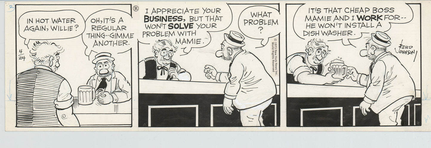 Moon Mullins Original Ink Daily Comic Strip Art signed Ferd Johnson 1973 B3076