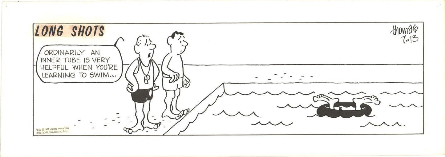 Fred Thomas Signed Long Shots Original Comic Art Strip Panel Cartoon about swimming b4168