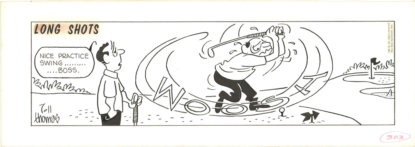 Fred Thomas Signed Long Shots Original Comic Art Strip Panel Cartoon about golf b4169