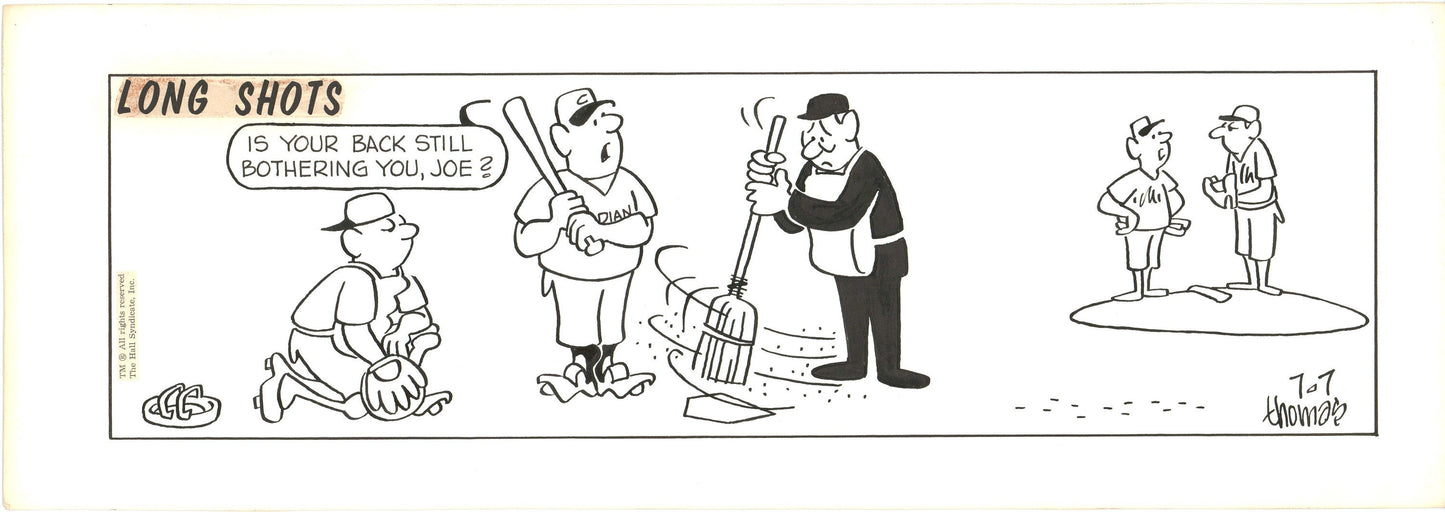 Fred Thomas Signed Long Shots Original Comic Art Strip Panel Cartoon about baseball b4171