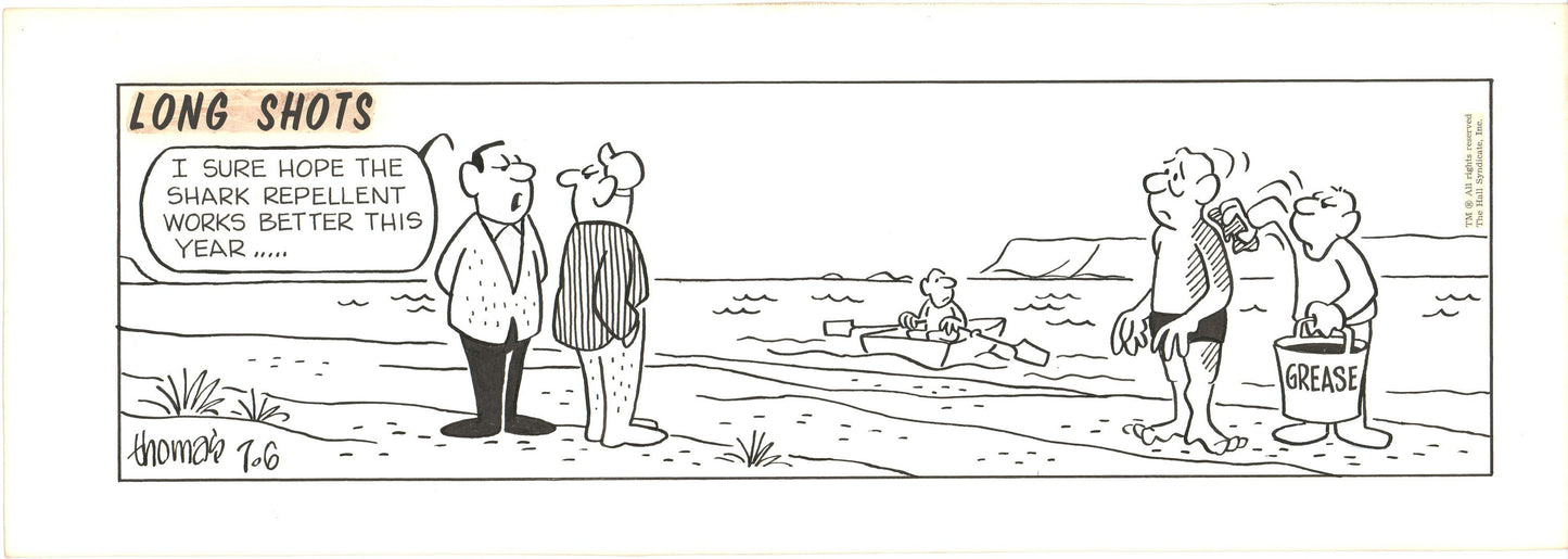Fred Thomas Signed Long Shots Original Comic Art Strip Panel Cartoon about swimming b4172