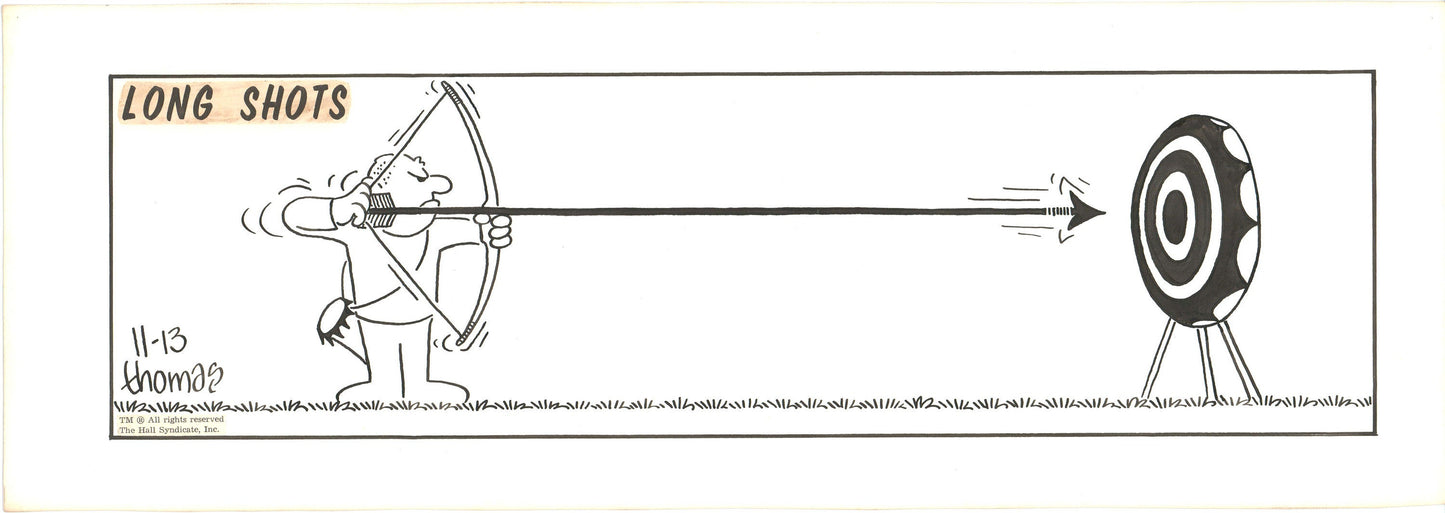 Fred Thomas Signed Long Shots Original Comic Art Strip Panel Cartoon about archery b4179