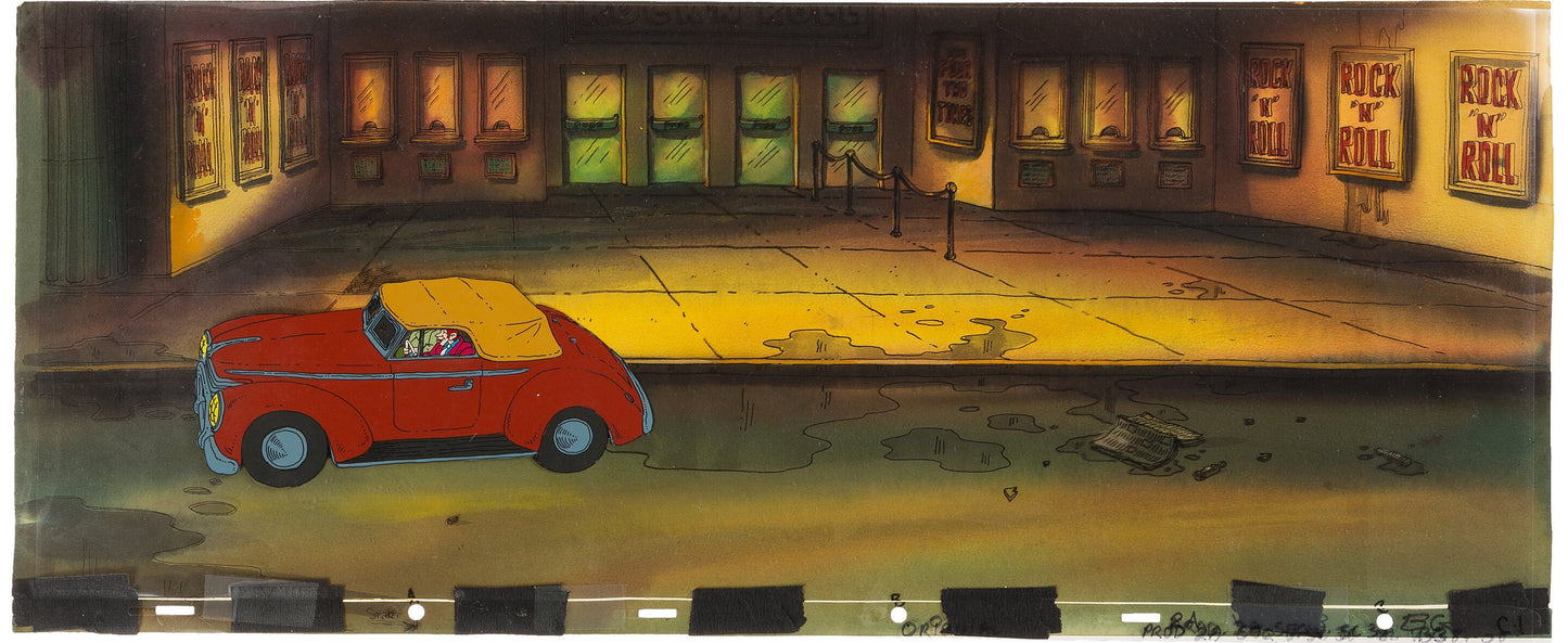 Hey Good Lookin Ralph Bakshi HUGE Master Setup: Production Pan Cel and BACKGROUND with Matching Line Cel of Front of Theater 1973-82