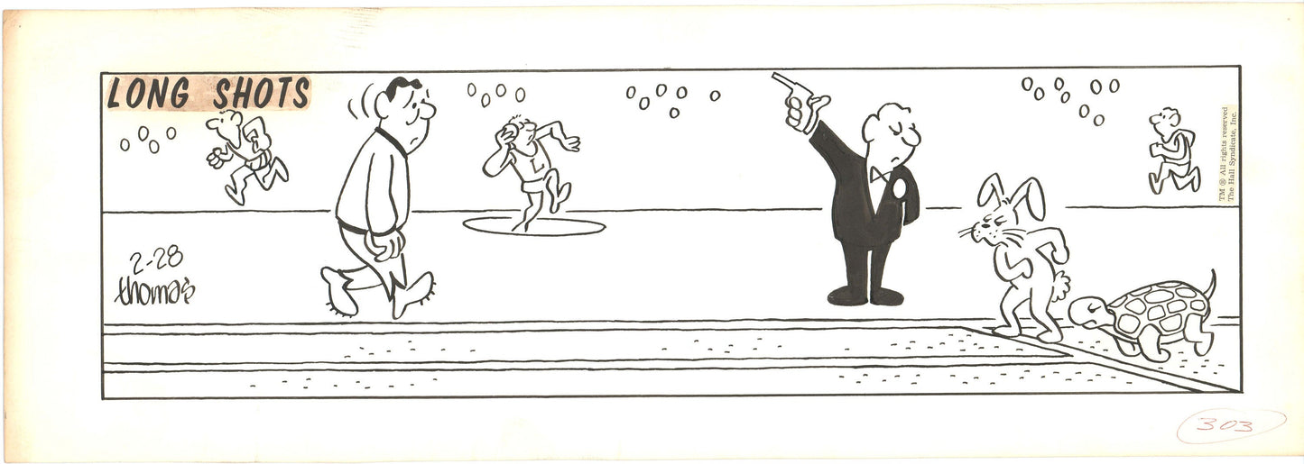 Fred Thomas Signed Long Shots Original Comic Art Strip Panel Cartoon about track and field b4173