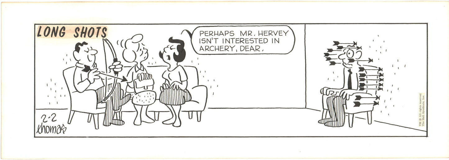 Fred Thomas Signed Long Shots Original Comic Art Strip Panel Cartoon about archery b4180