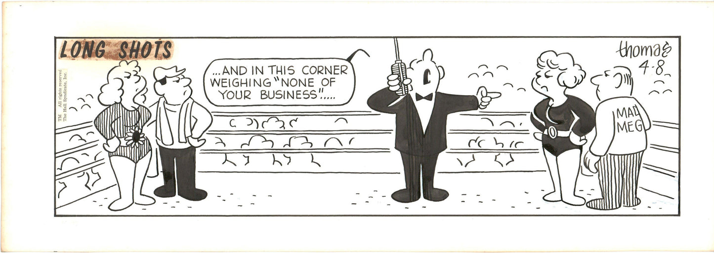 Fred Thomas Signed Long Shots Original Comic Art Strip Panel Cartoon about boxing b4184