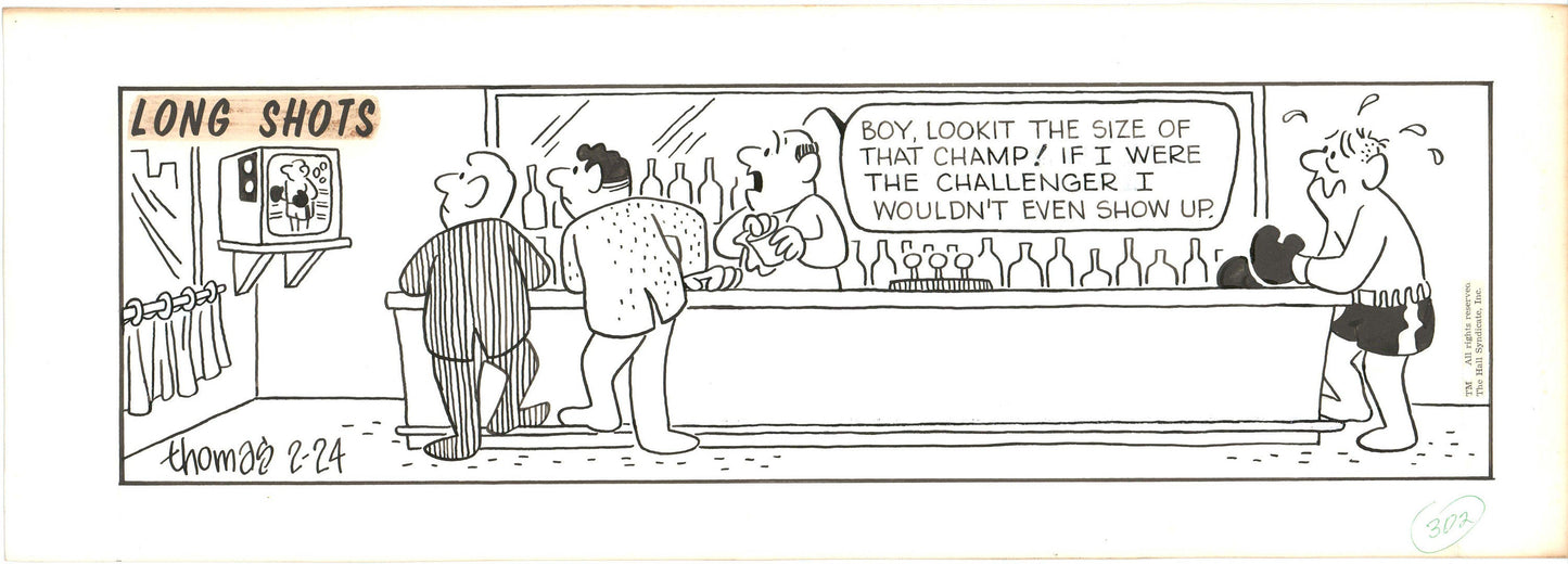 Fred Thomas Signed Long Shots Original Comic Art Strip Panel Cartoon about boxing b4185