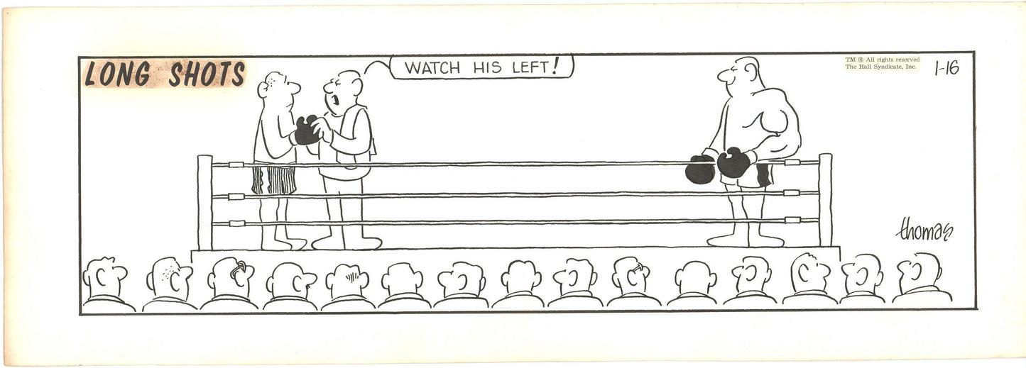 Fred Thomas Signed Long Shots Original Comic Art Strip Panel Cartoon about boxing b4189