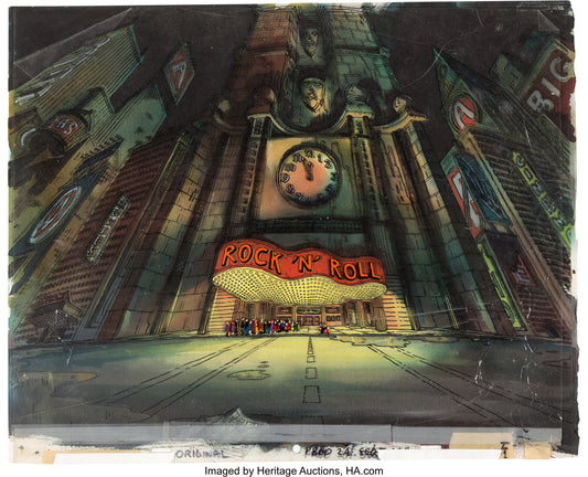 Hey Good Lookin Ralph Bakshi HUGE 1973-82 Hand-painted Production BACKGROUND with Matching Line Cel of the Rock N Roll Theater