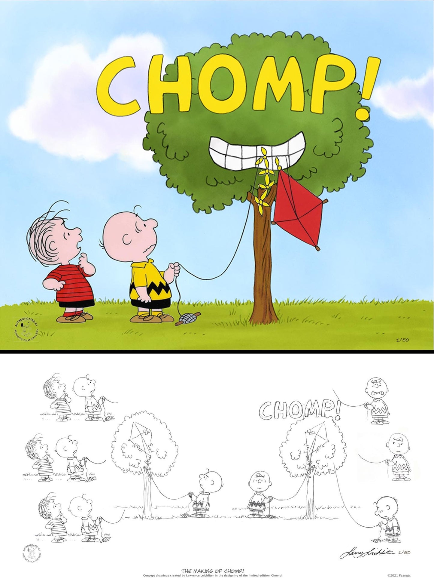 PEANUTS Charlie Brown Chomp Limited Edition of 50 Animation Cel AND Storyboard Print Signed by Larry Leichliter mlc28