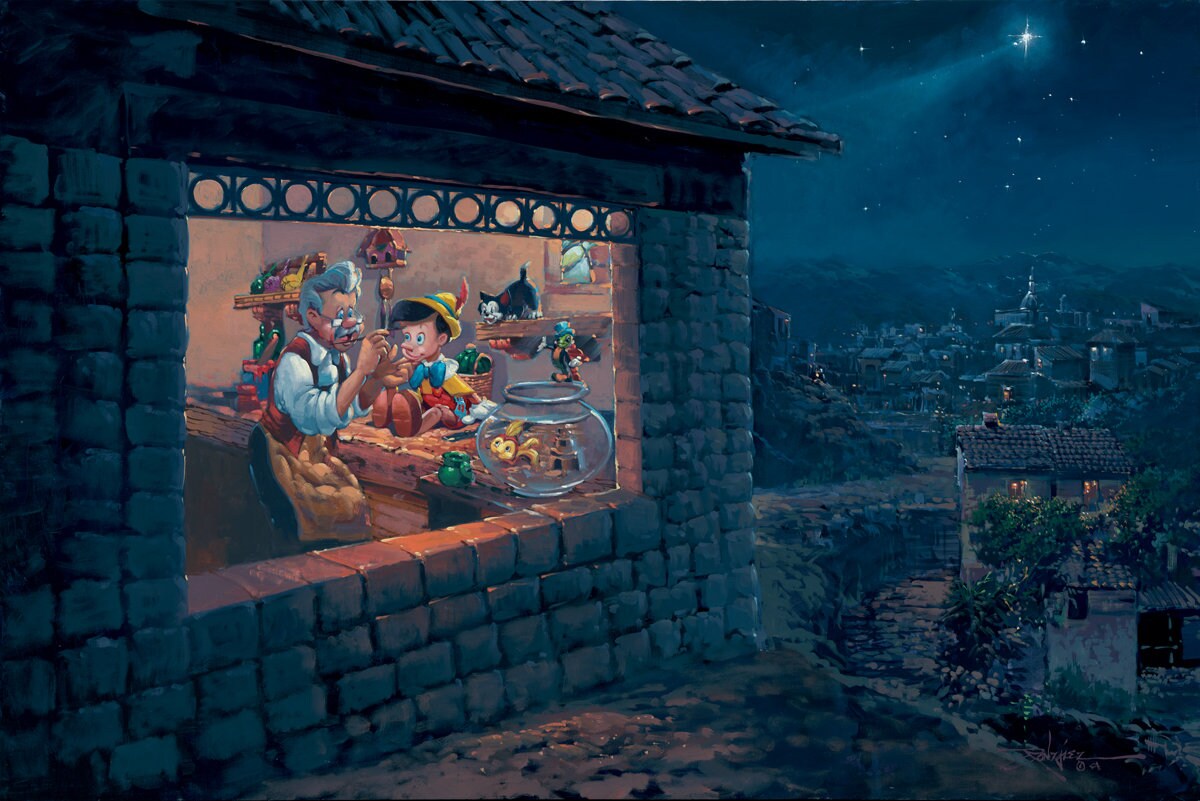 Pinoccio Walt Disney Fine Art Rodel Gonzalez Signed Limited Edition of 195 Print on Canvas "The Wishing Star"