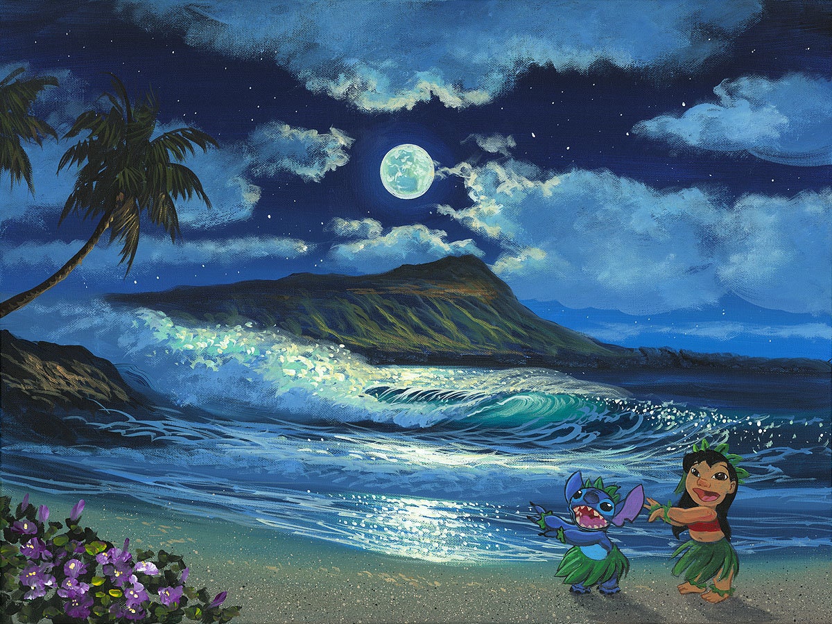 Lilo & Stitch Walt Disney Fine Art Walfrido Garcia Signed Limited Edition of 295 Print on Canvas "Hula Moon"