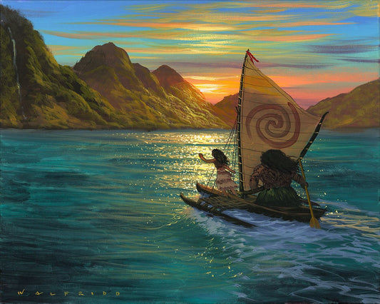 Moana and Maui Walt Disney Fine Art Walfrido Garcia Signed Limited Edition of 295 Print on Canvas "Sailing Into the Sun"