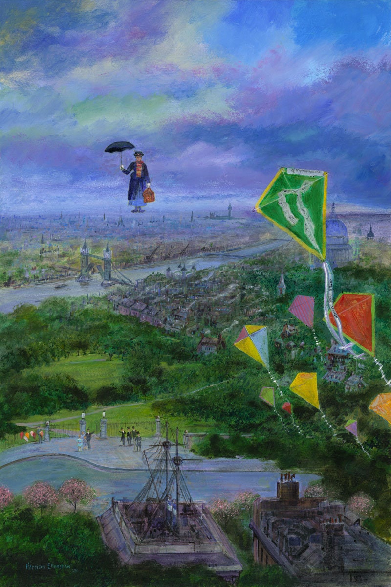 Mary Poppins Walt Disney Fine Art Harrison Ellenshaw Signed Limited Edition of 95 Print on Canvas "Let's Go Fly a Kite"