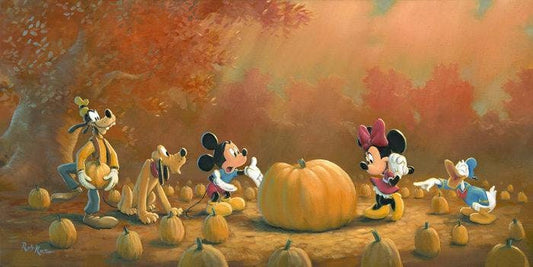 Mickey Mouse and Minnie Mouse Walt Disney Fine Art Rob Kaz Signed Limited Edition of 50 on Canvas "Picking the Perfect Pumpkin"
