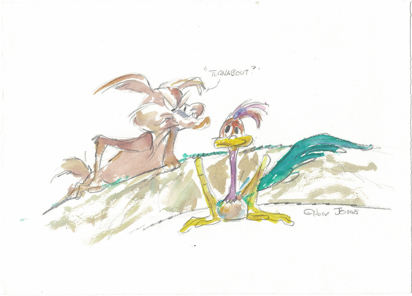 Chuck Jones Original Hand-painted and Signed Watercolor Painting "Turnabout" featuring Wile E Coyote and The Roadrunner from 2000