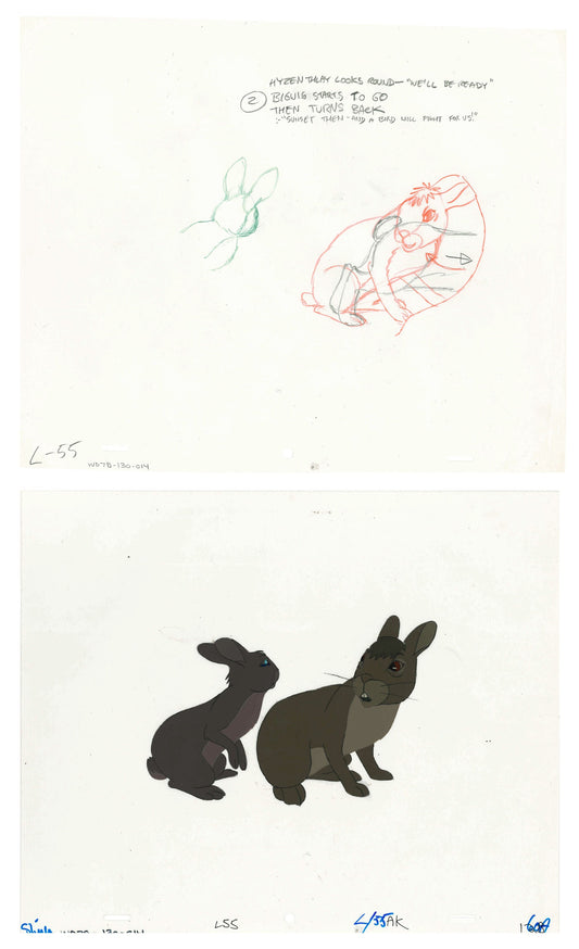 2 lot: Watership Down 1978 production Animation Cel AND Layout Drawing of Bigwig 130-14