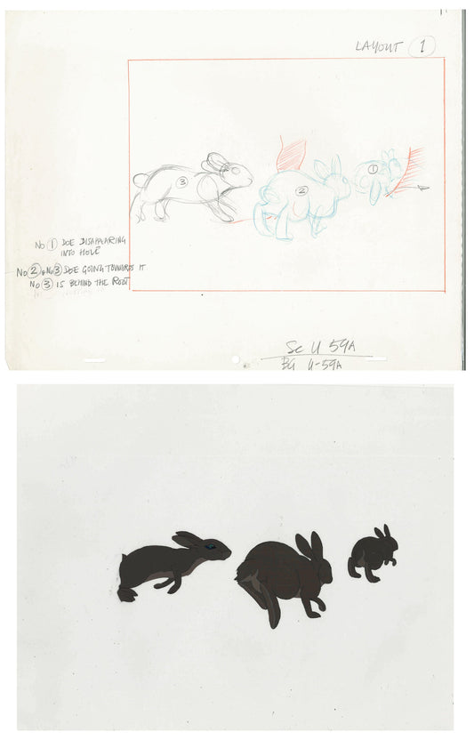 2 lot: Watership Down 1978 production Animation Cel AND Layout Drawing 130-5