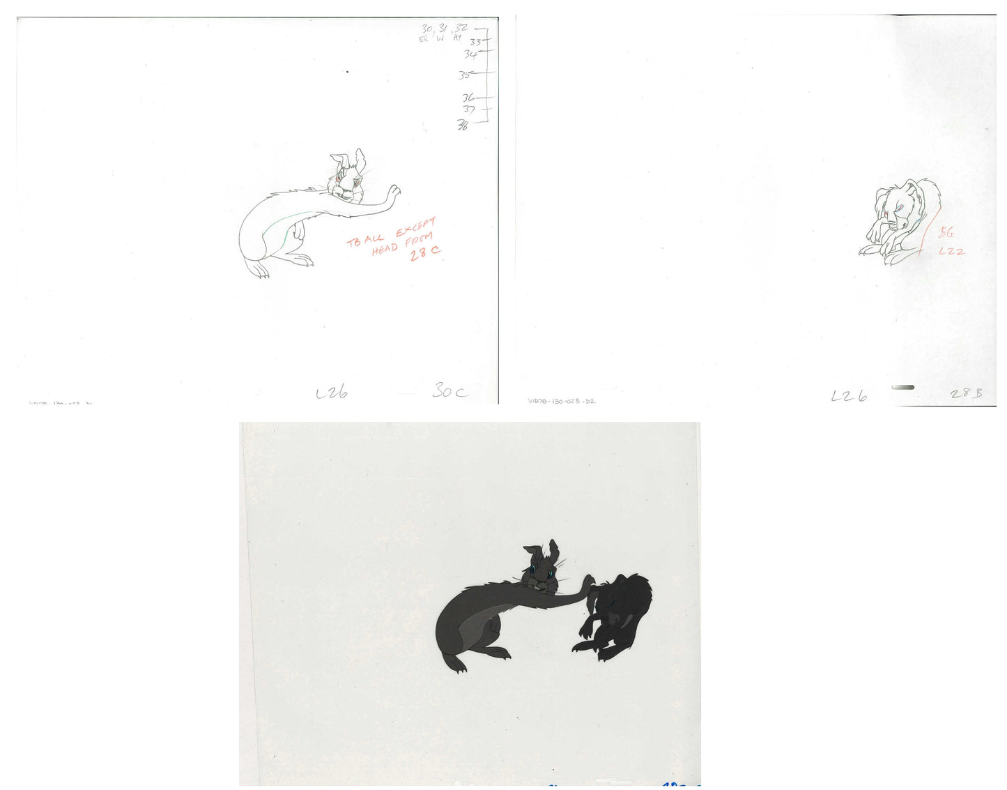 3 lot: Watership Down 1978 production Animation Cel AND TWO Drawings 130-23