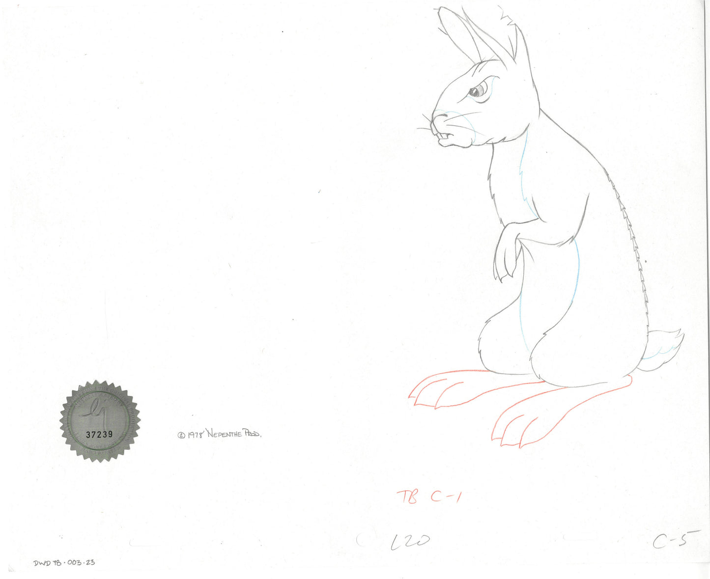 Watership Down 1978 Production Animation Cel Drawing with Linda Jones Enterprise Seal and Certificate of Authenticity 003-23