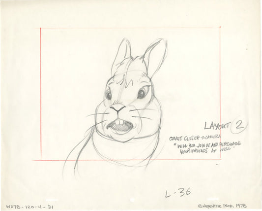 Watership Down 1978 Production Animation Cel Drawing with Linda Jones Enterprise Seal and Certificate of Authenticity 1204-D1