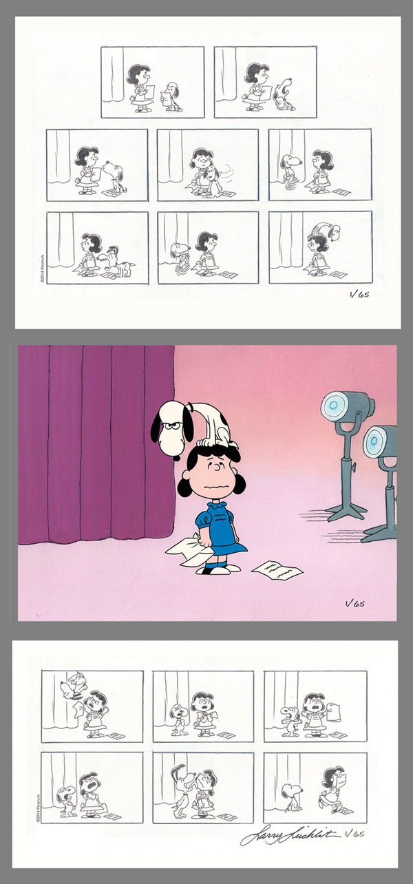 PEANUTS Snoopy's Audition Limited Edition of 65 Animation Cel AND TWO Storyboard Prints - one is Signed by Larry Leichliter mlc17