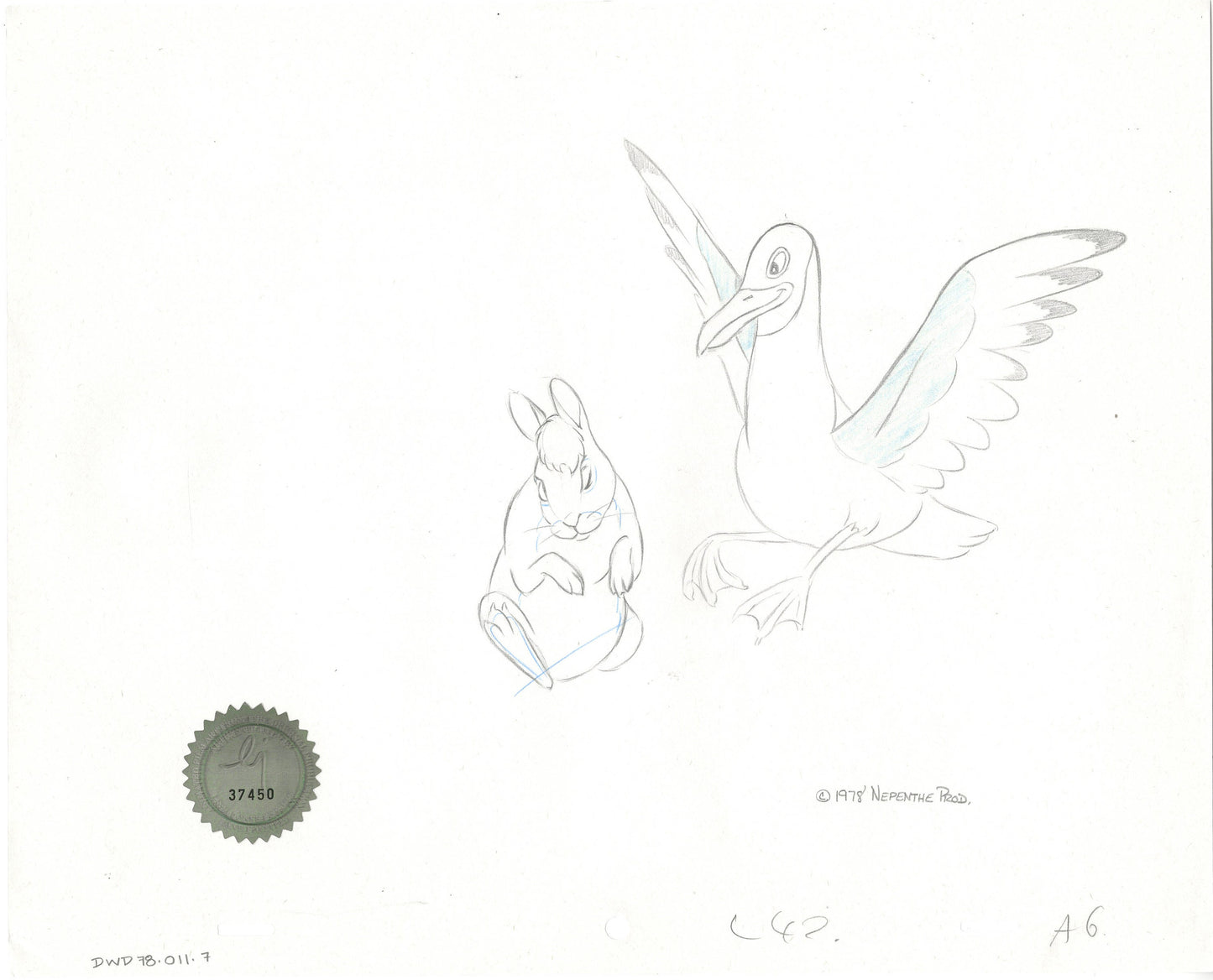Watership Down 1978 Production Animation Cel Drawing of Bigwig and Kehaar with Linda Jones Seal and Certificate of Authenticity 011-007