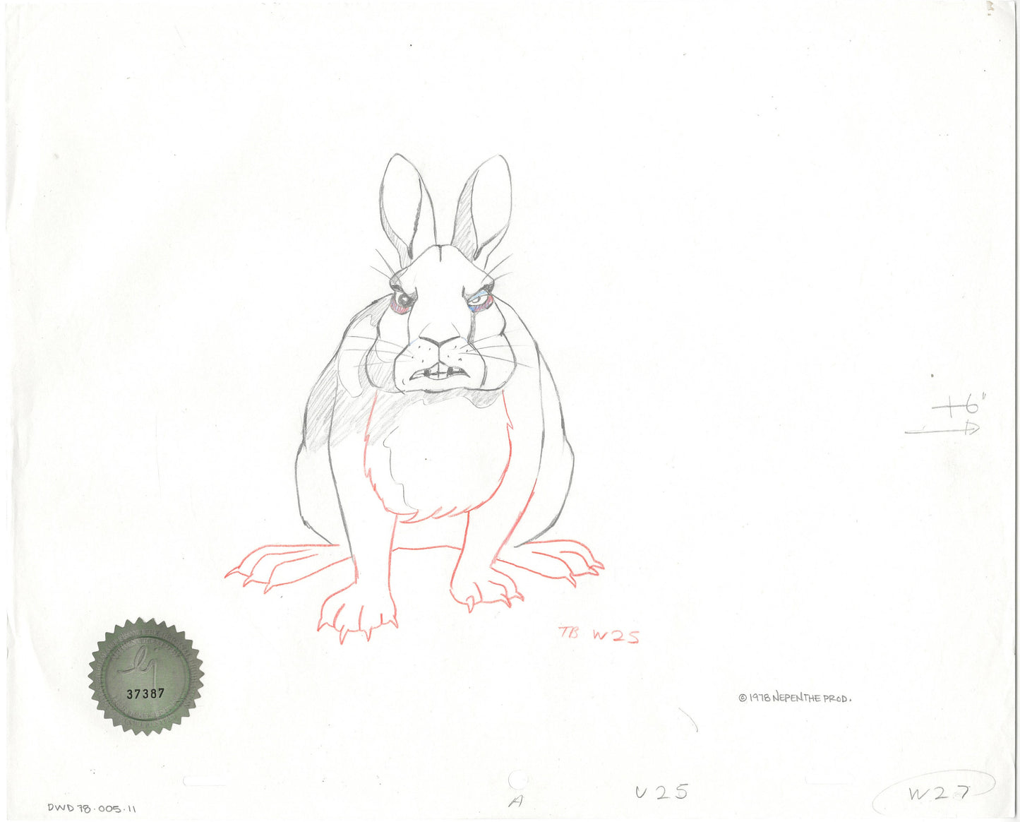 Watership Down 1978 Production Animation Cel Drawing of Woundort with Linda Jones Enterprise Seal and Certificate of Authenticity 005-011