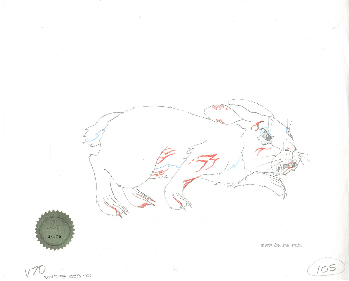 Watership Down 1978 Production Animation Cel Drawing of Woundort with Linda Jones Enterprise Seal and Certificate of Authenticity 008-020