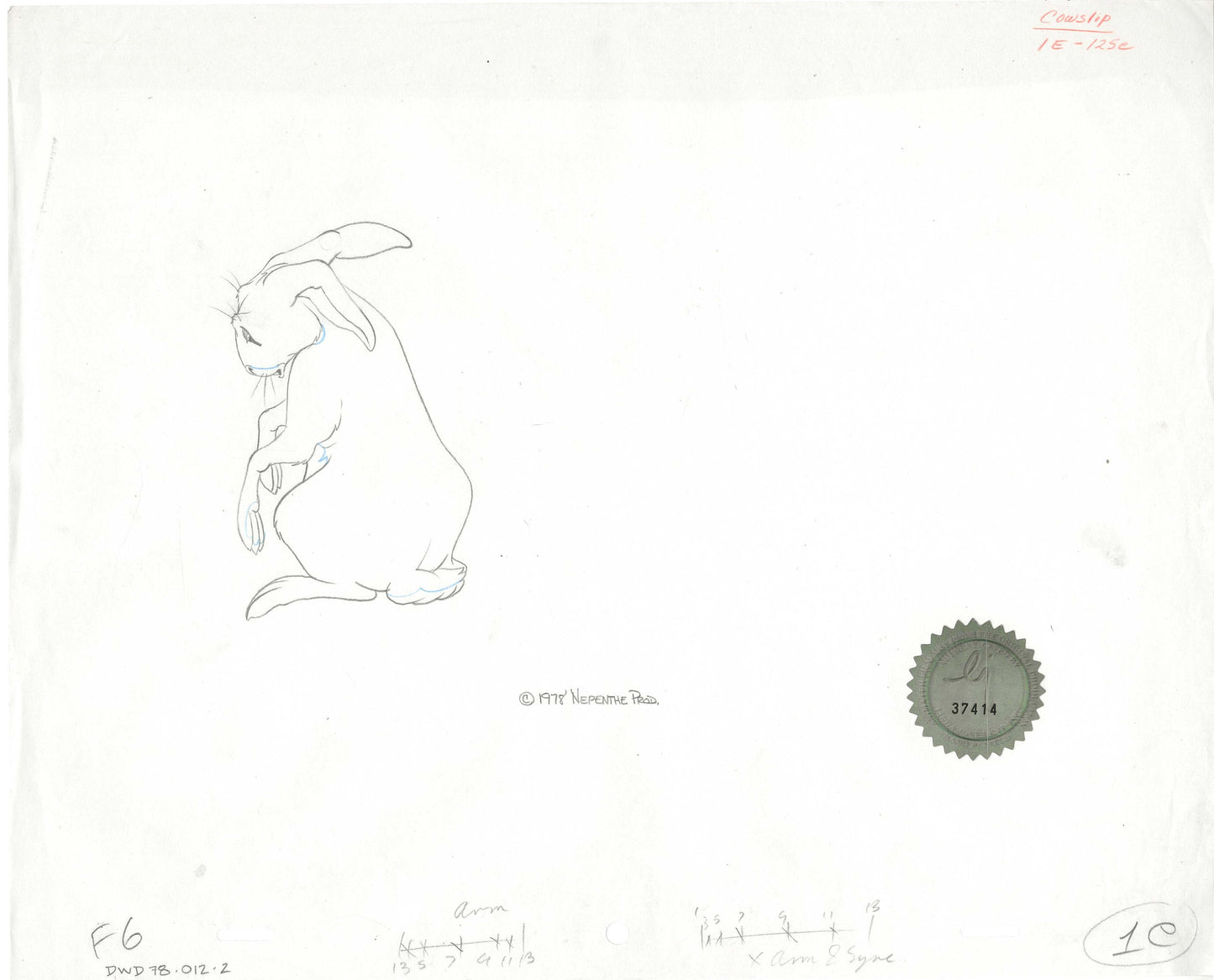Watership Down 1978 Production Animation Cel Drawing of Cowslip with Linda Jones Enterprise Seal and Certificate of Authenticity 012-002