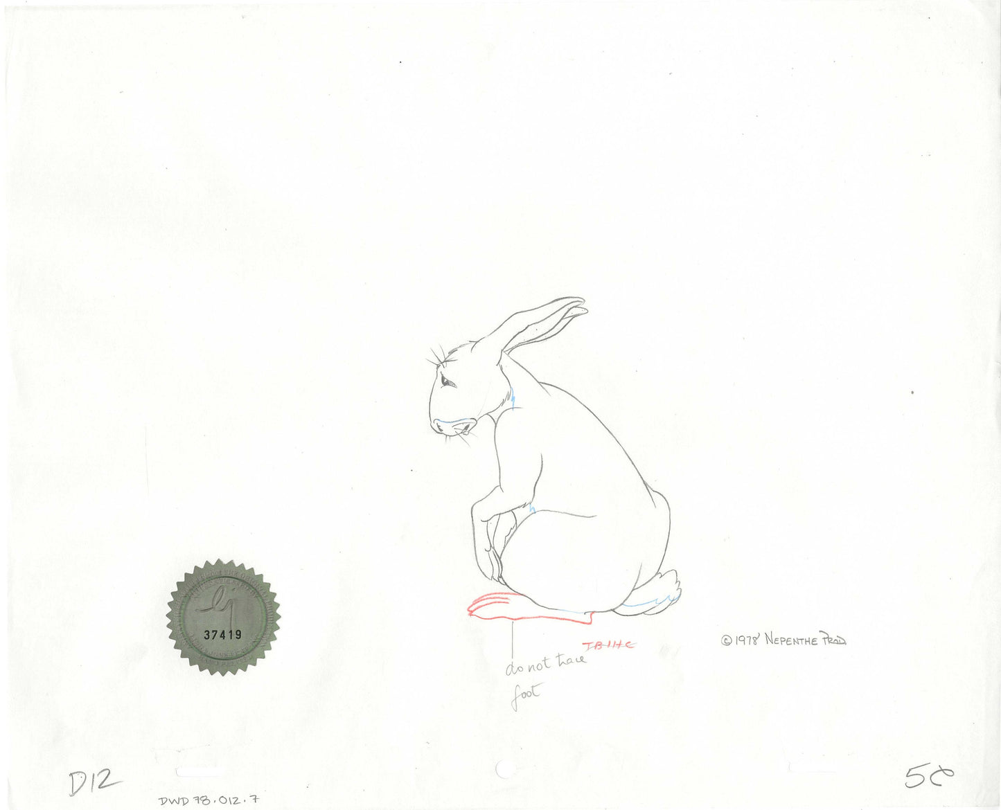 Watership Down 1978 Production Animation Cel Drawing of Cowslip with Linda Jones Enterprise Seal and Certificate of Authenticity 012-007