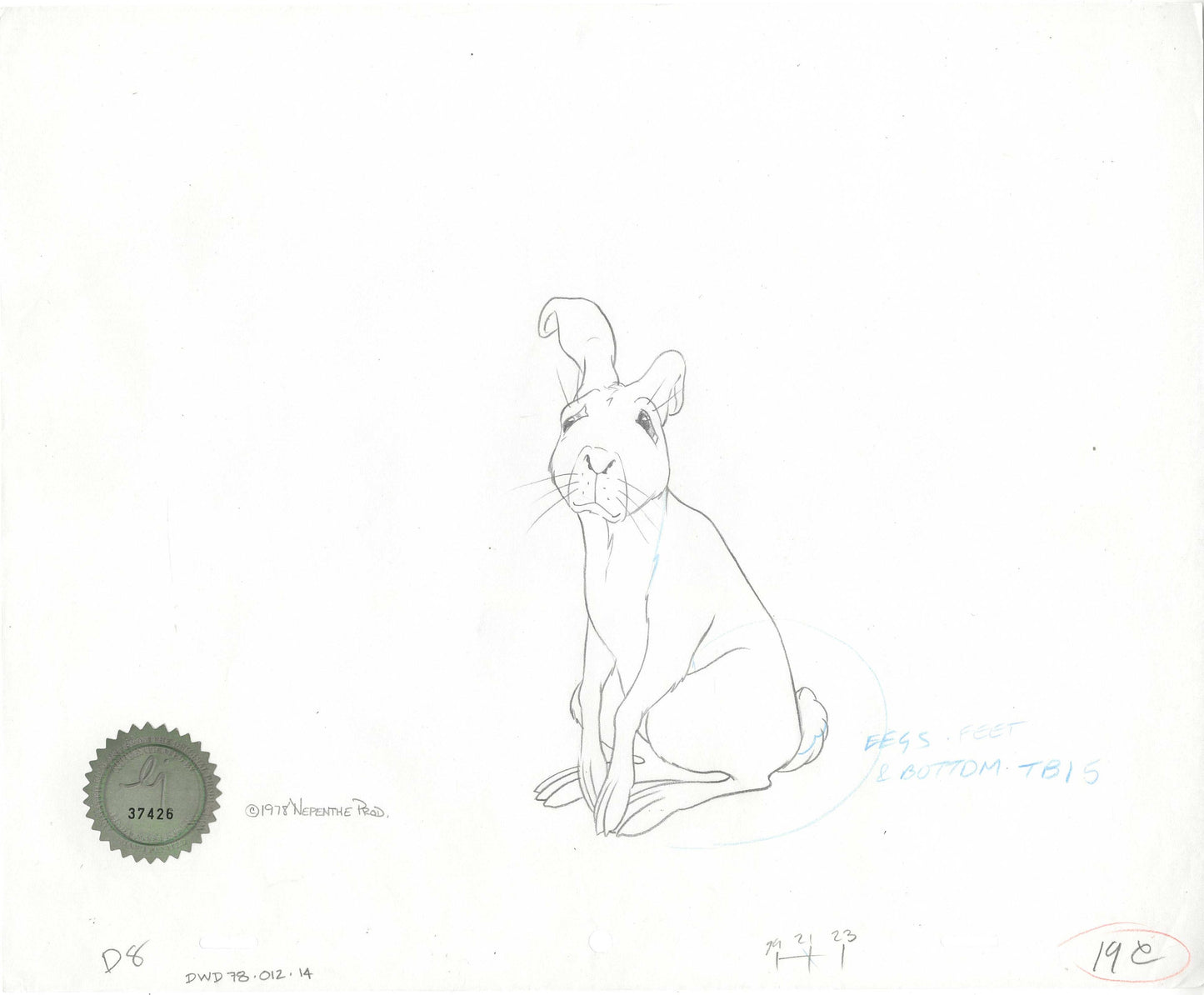Watership Down 1978 Production Animation Cel Drawing of Cowslip with Linda Jones Enterprise Seal and Certificate of Authenticity 012-014
