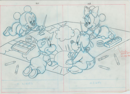 Walt Disney Babies Out And Around Show and Tell Book Page Illustration Drawing with Mickey Mouse and Minnie Mouse from 1991 b7240