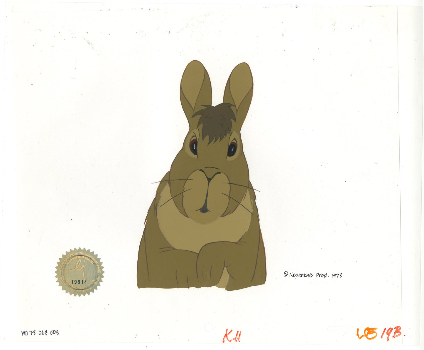 Watership Down 1978 Production Animation Cel of Bigwig with LJE Seal and COA 068-003