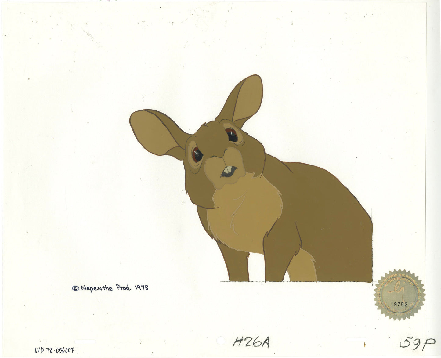 Watership Down 1978 Production Animation Cel of Pipkin with LJE Seal and COA 058-007