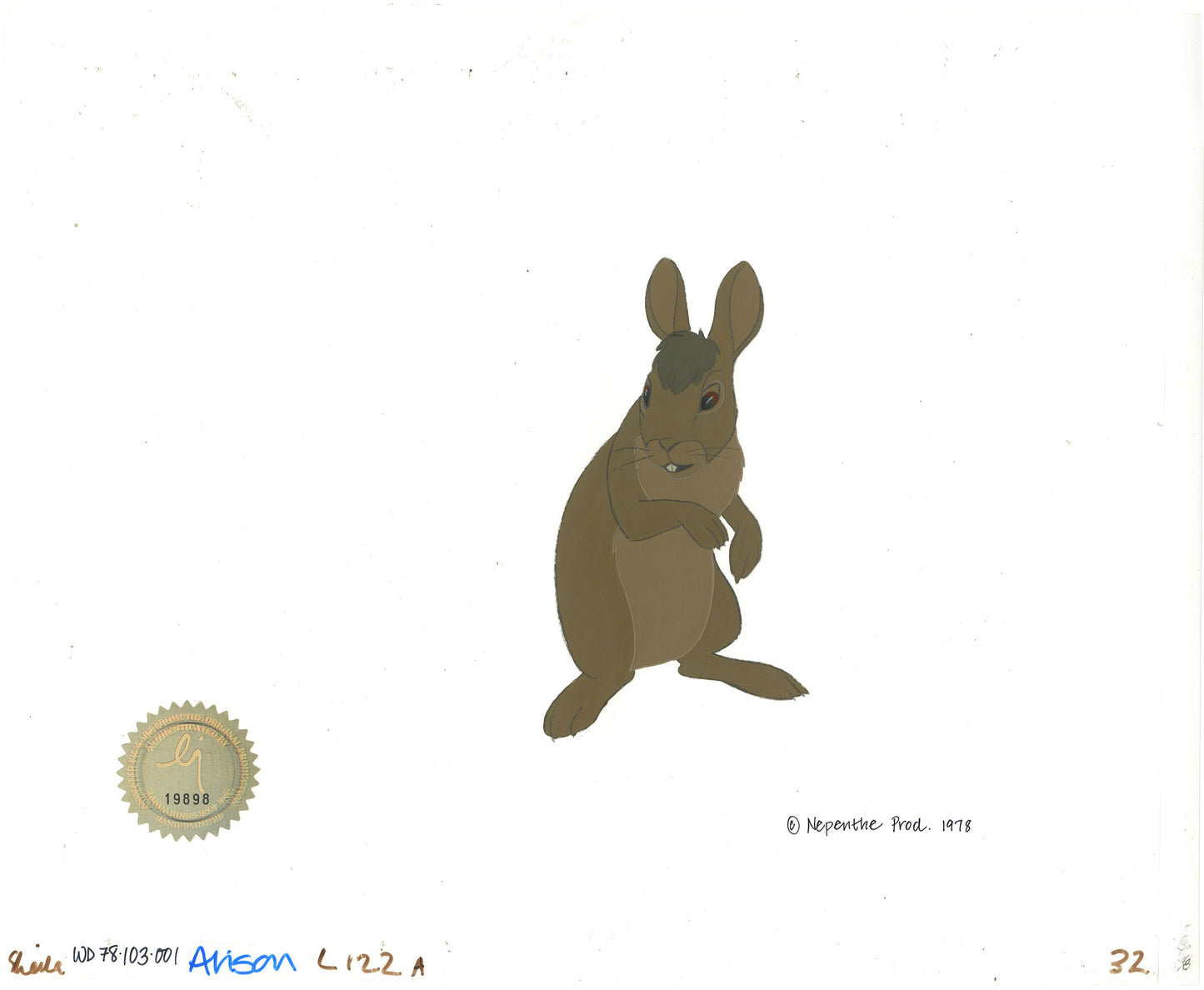 Watership Down 1978 Production Animation Cel of Bigwig with LJE Seal and COA 103-001