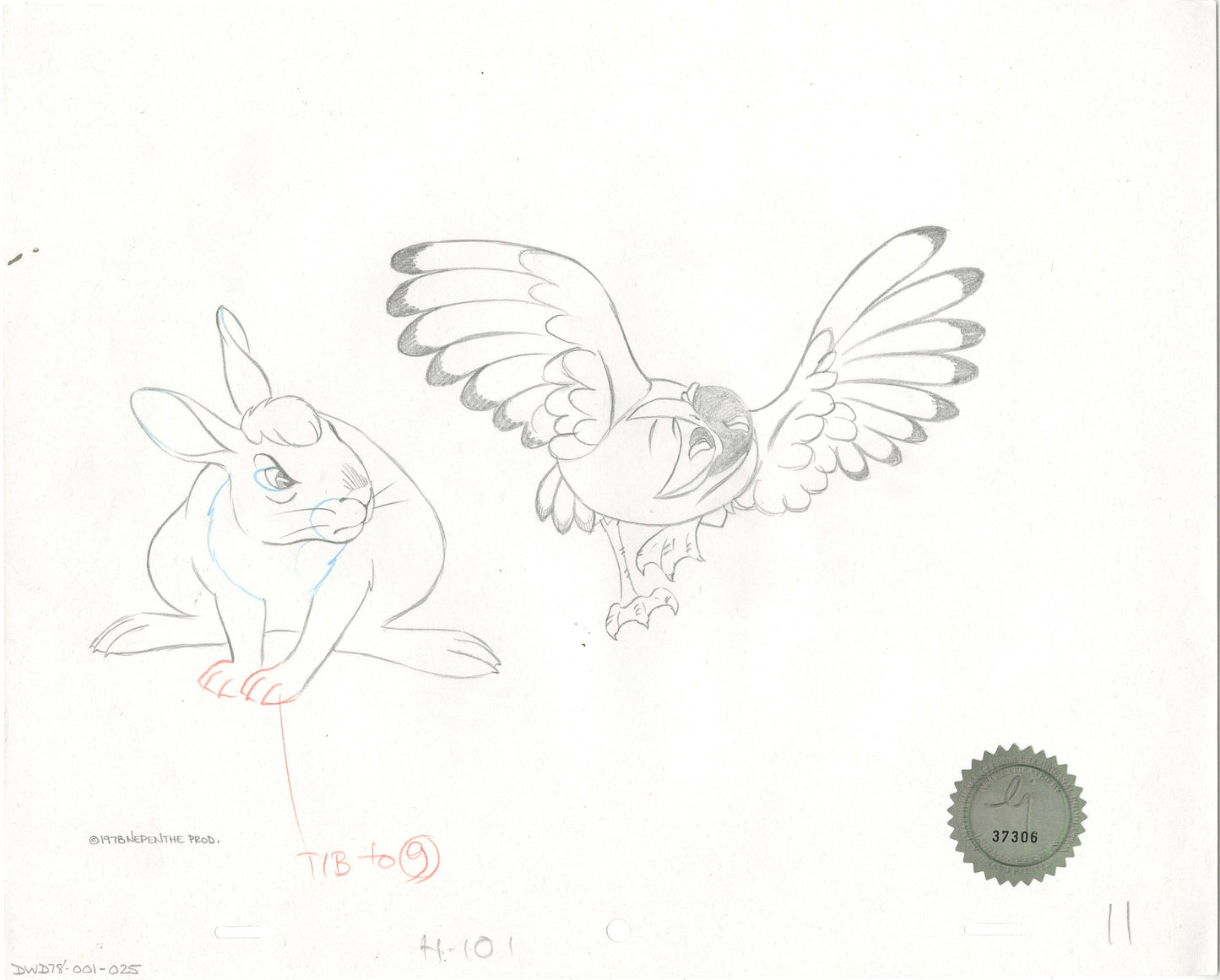 Watership Down 1978 Production Animation Cel Drawing of Bigwig and Kehaar with Linda Jones Seal and Certificate of Authenticity 001-25