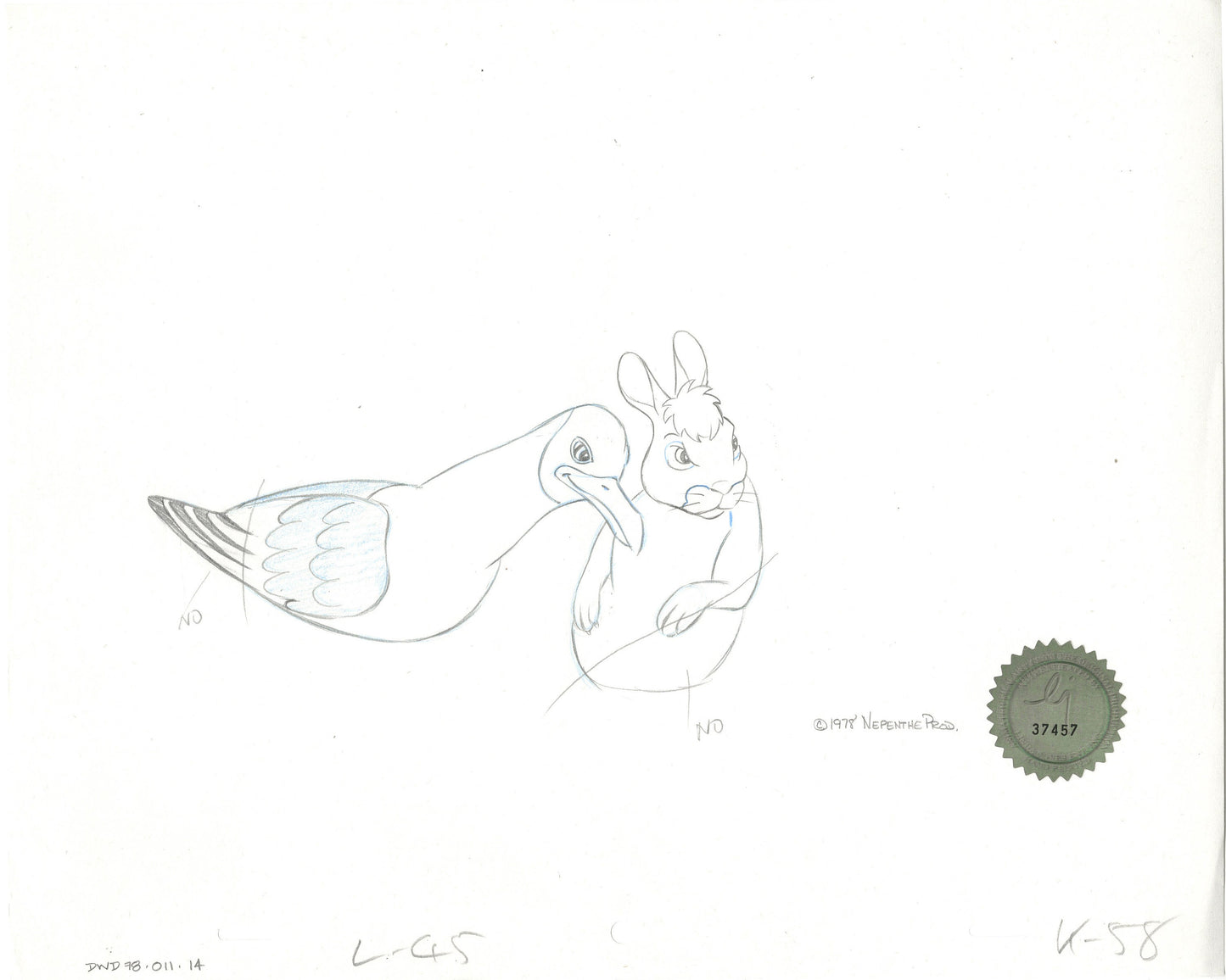 Watership Down 1978 Production Animation Cel Drawing of Bigwig and Kehaar with Linda Jones Seal and Certificate of Authenticity 011-014