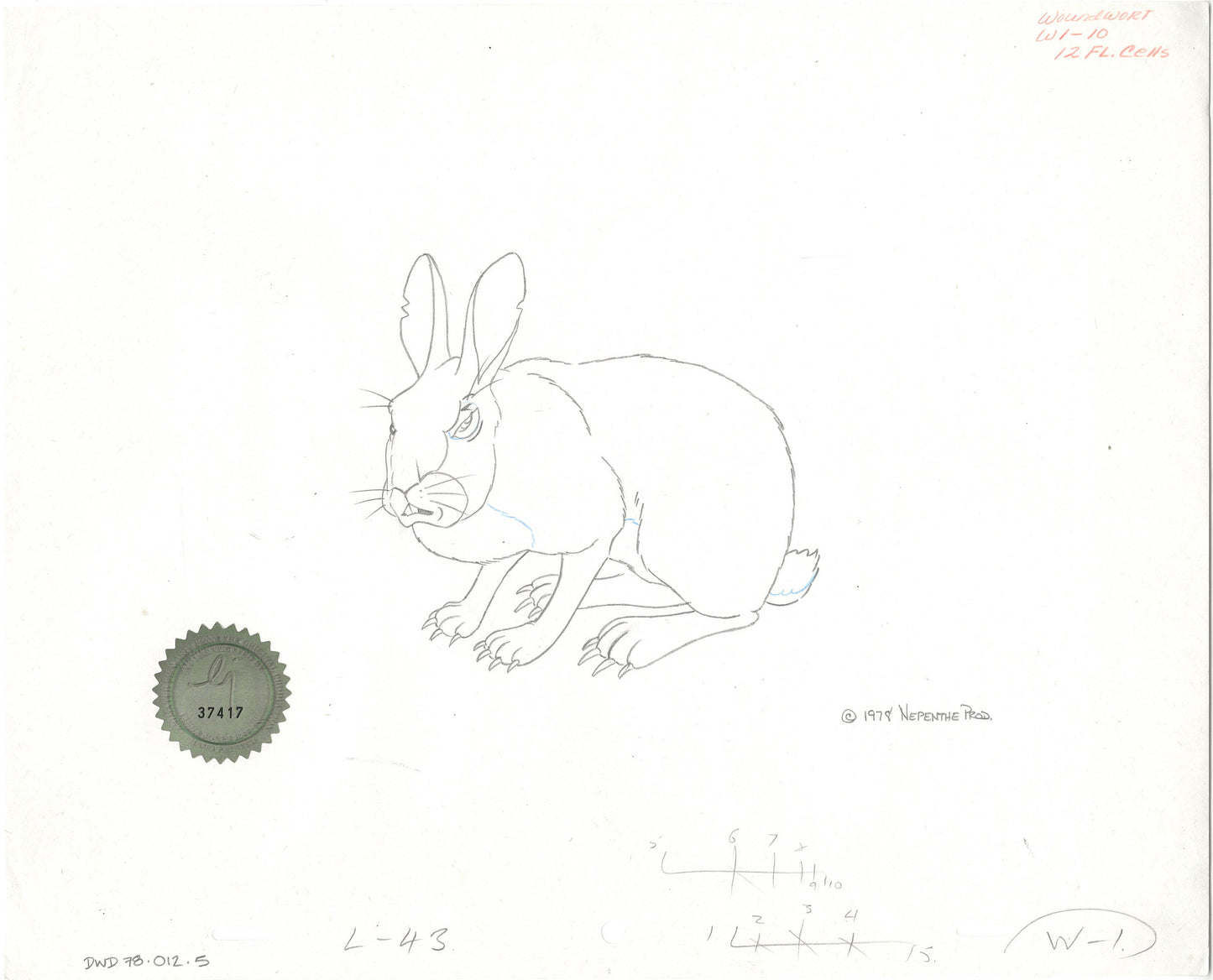 Watership Down 1978 Production Animation Cel Drawing of Woundort with Linda Jones Enterprise Seal and Certificate of Authenticity 012-005