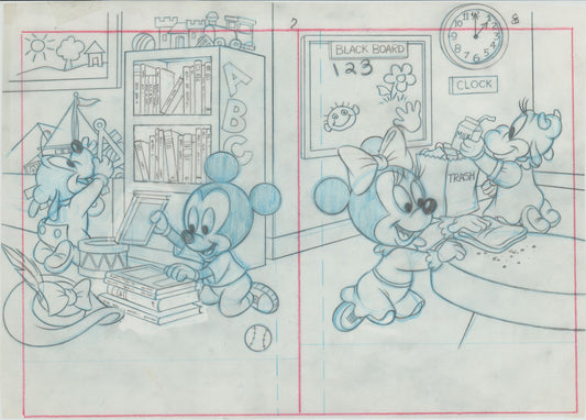 Walt Disney Babies Out And Around Show and Tell Book Page Illustration Drawing with Goofy Minnie Mouse and Mickey Mouse from 1991 b7237