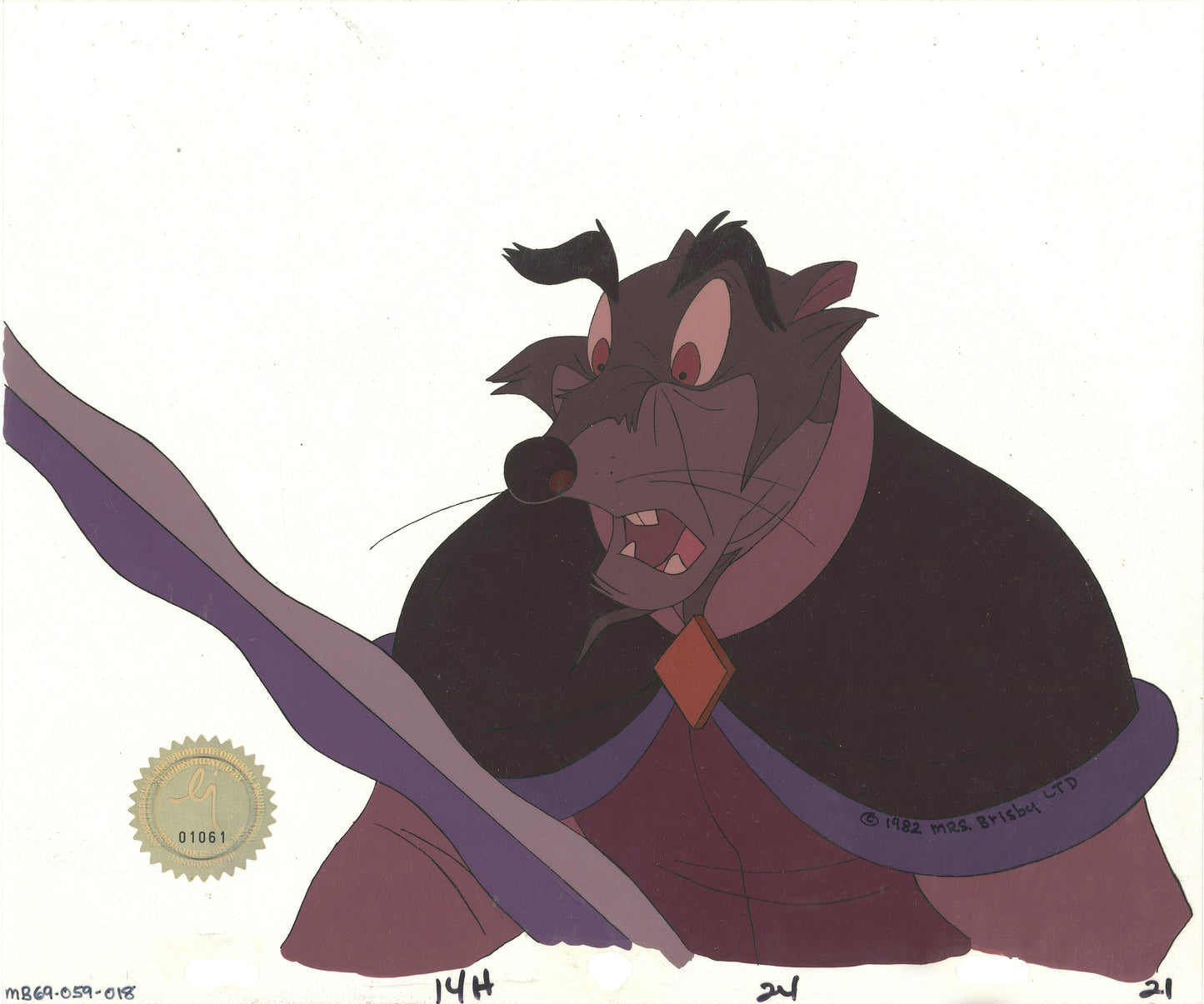 Don Bluth Secret of NIMH Jenner 1982 Original Production Animation Cel Used to make the cartoon 059-018