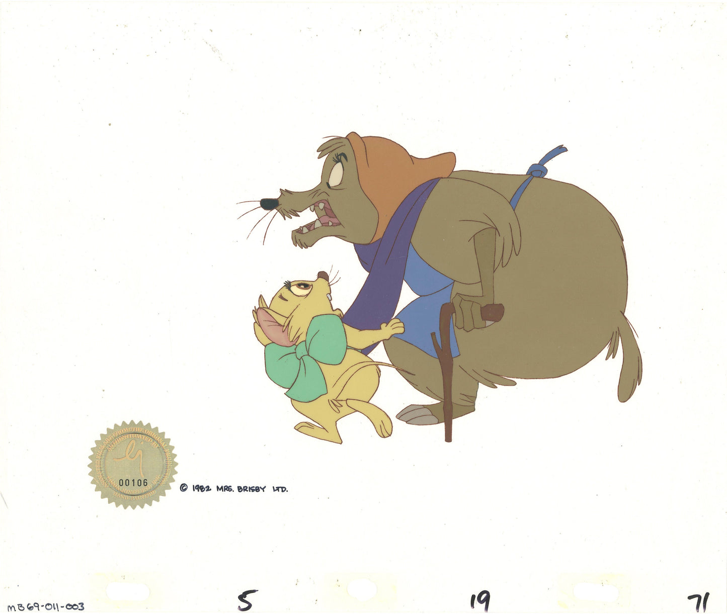 Don Bluth Secret of NIMH Auntie Shrew and Cynthia 1982 Original Production Animation Cel 011-003