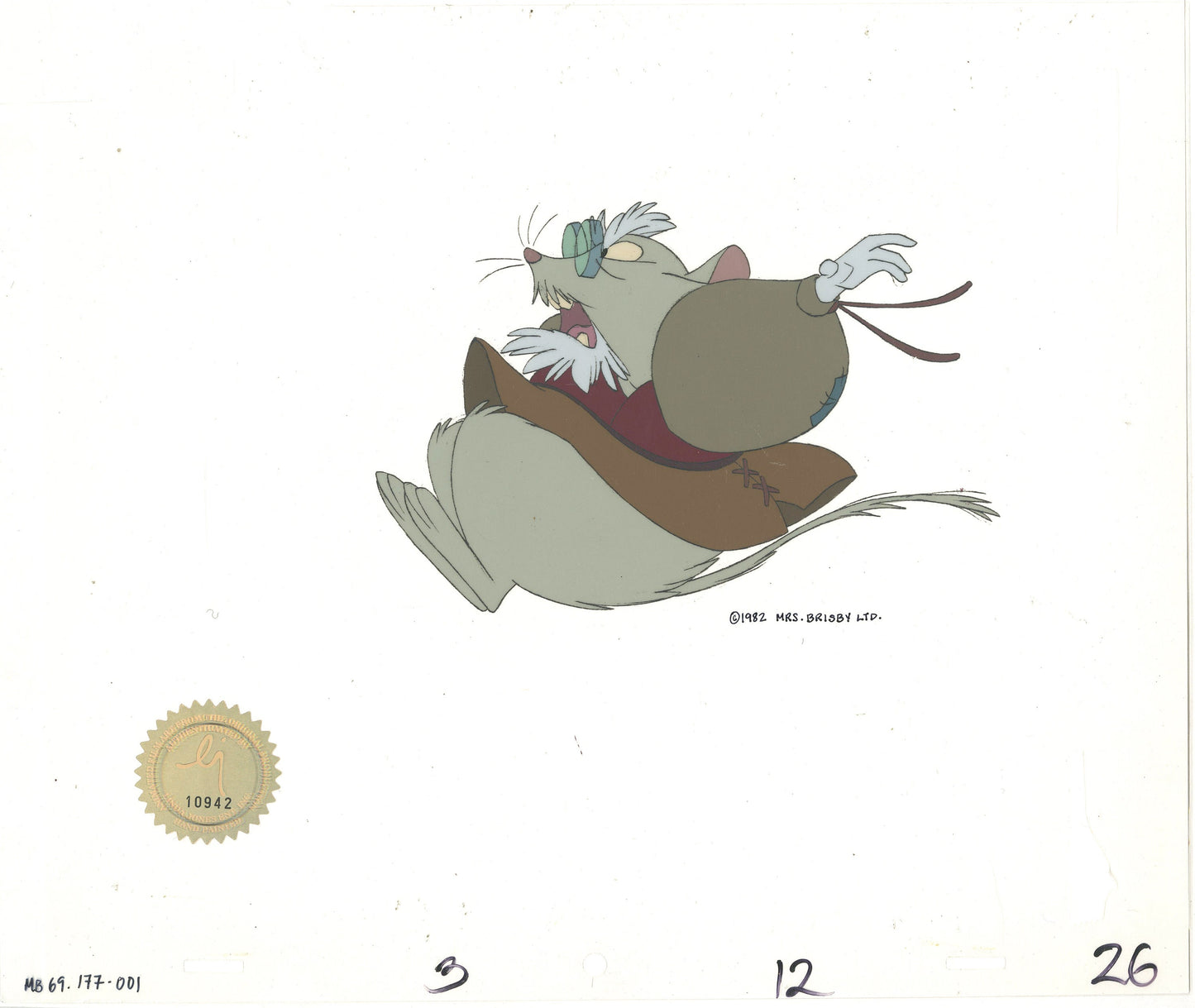 Don Bluth Secret of NIMH Mr Ages 1982 Original Production Animation Cel Used to make the cartoon 177-001