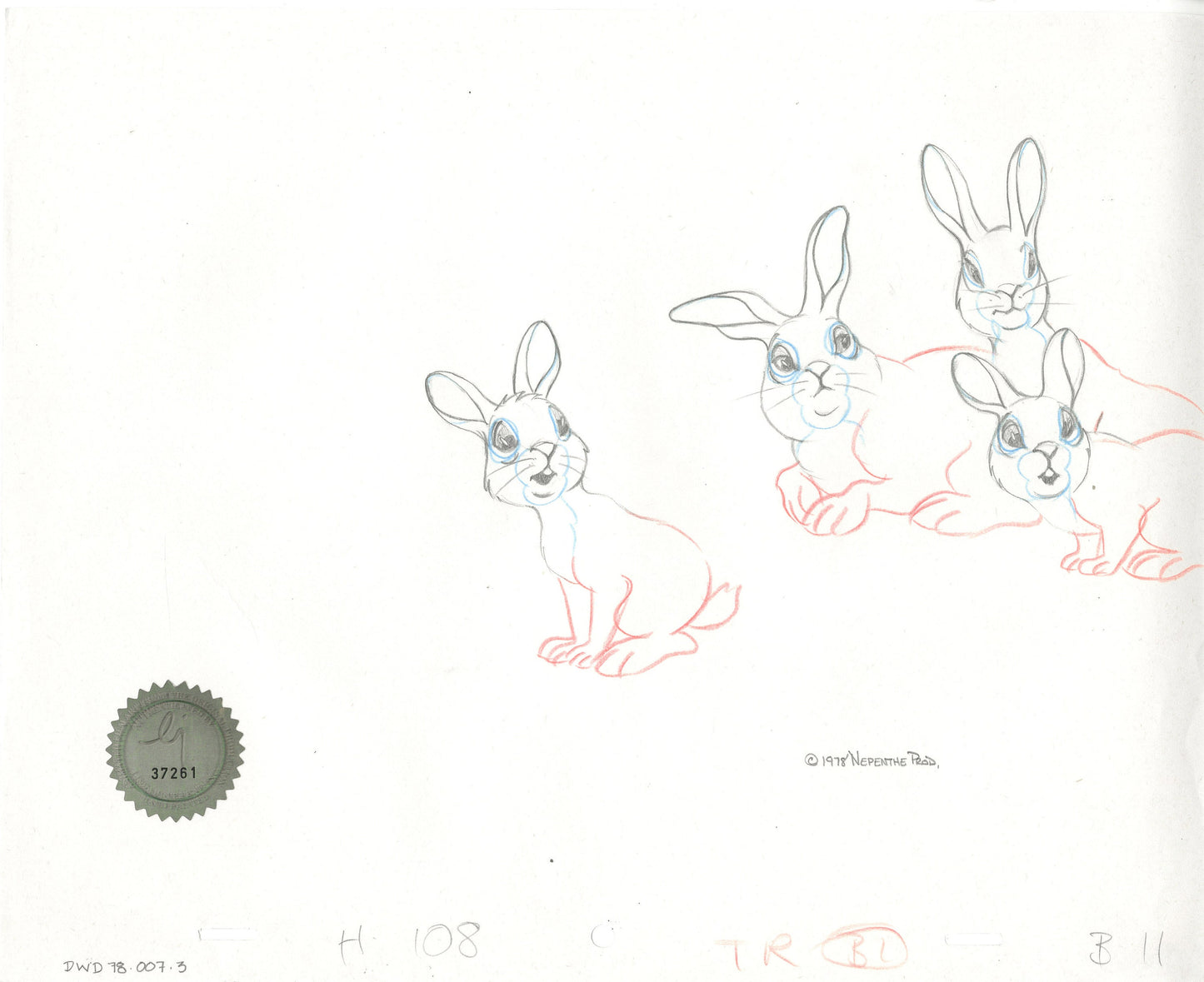 Watership Down 1978 Production Animation Cel Drawing with Linda Jones Enterprise Seal and Certificate of Authenticity 007-003